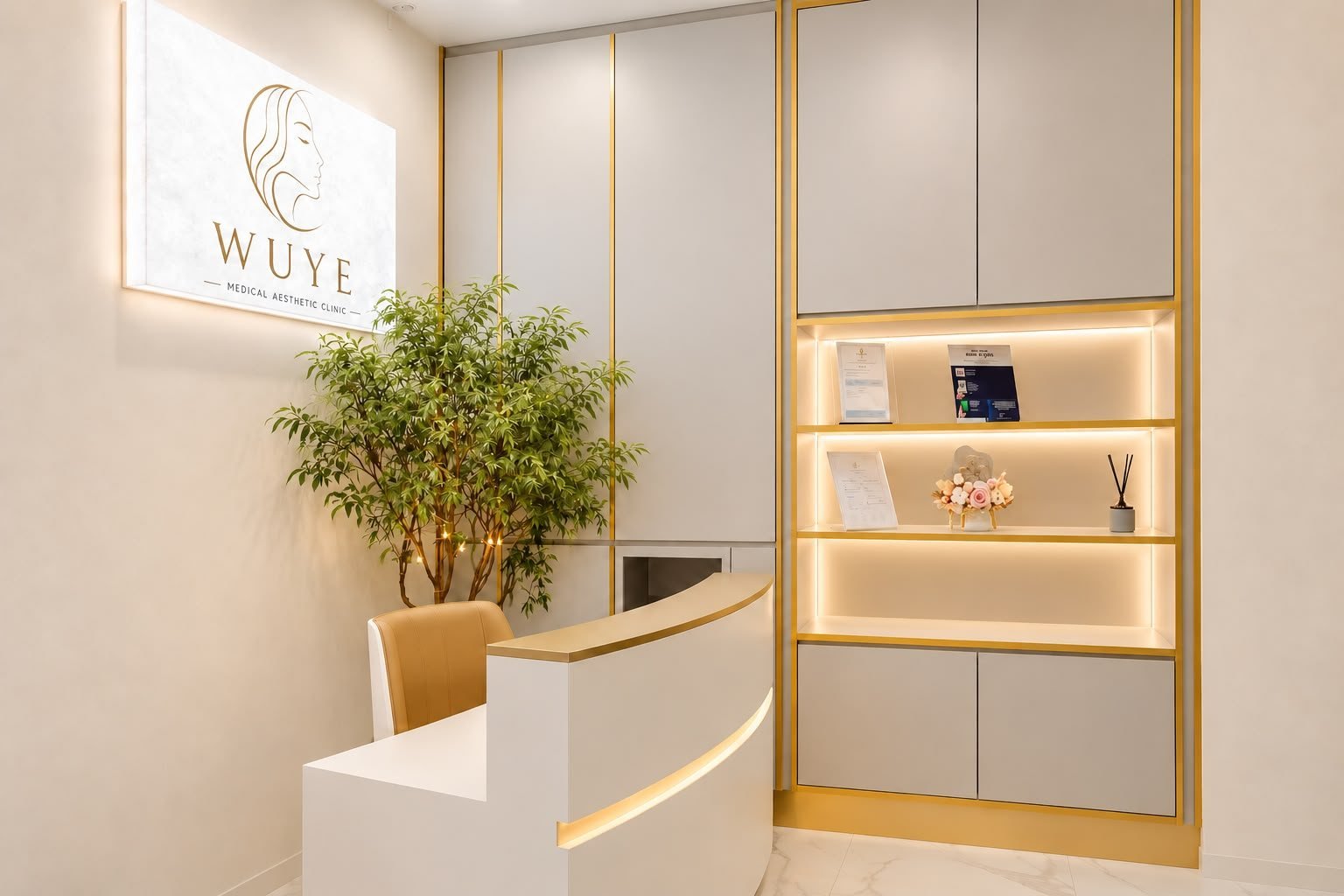 Reception at WUYE Medical Aesthetic Clinic, with the illuminated WUYE sign, curved reception desk and softly lit display shelves