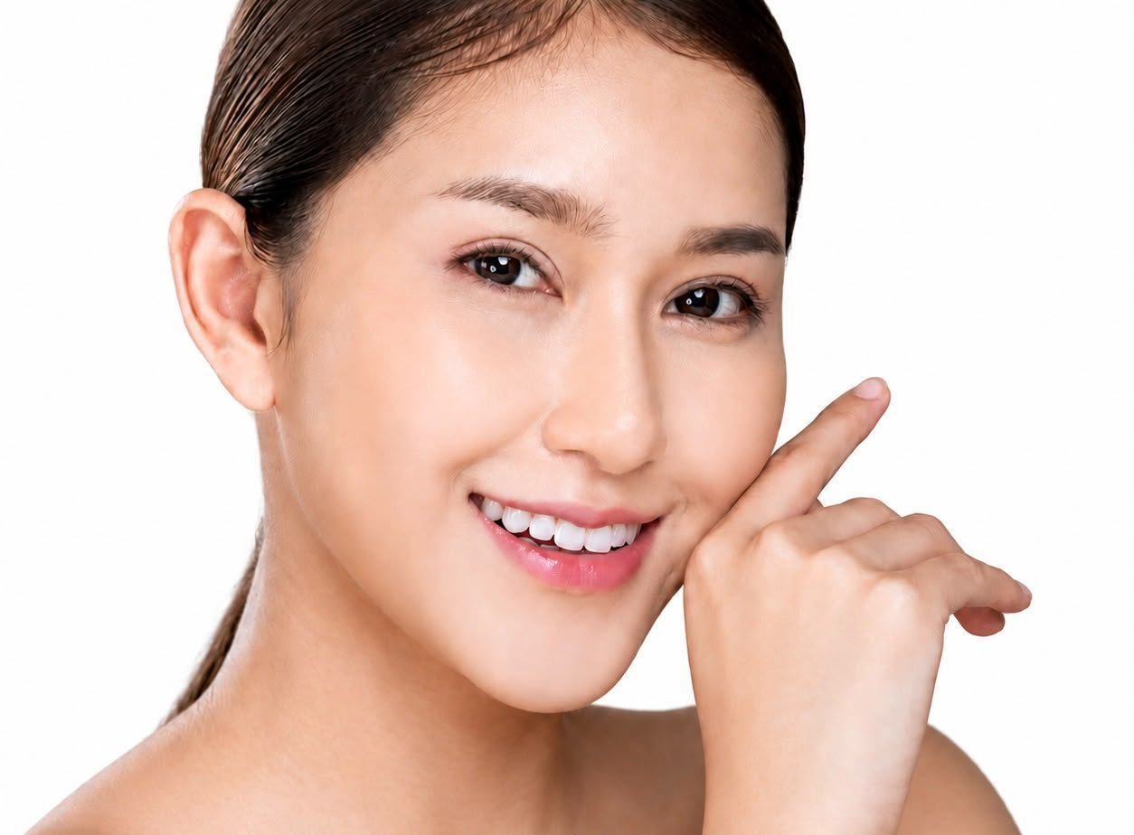 Smiling woman with clear, healthy skin resting her hand against her cheek