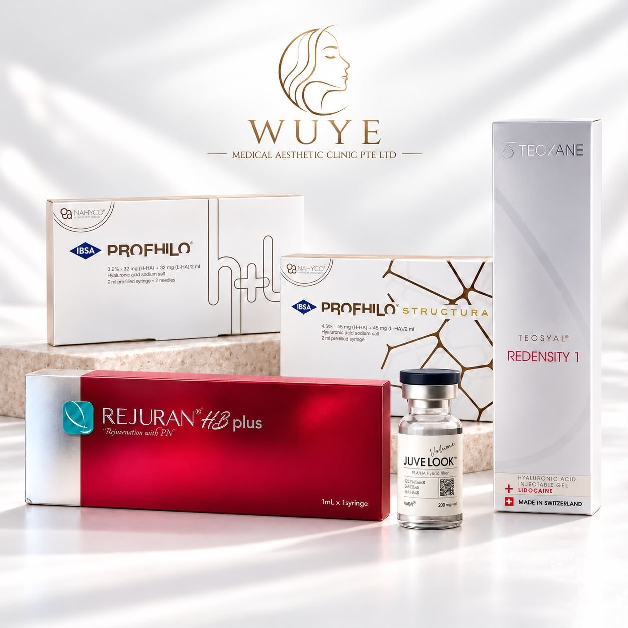 WUYE product line-up: Profhilo®, Profhilo® Structura, Rejuran® HB plus, Juvelook® Volume and Teosyal® Redensity 1